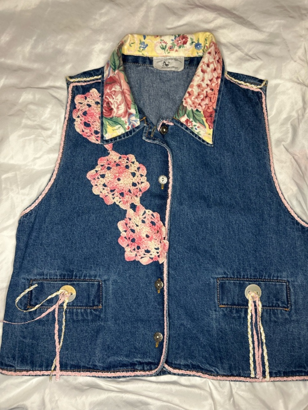 Denim Vest with Pink Crochet Floral Accents and Floral Collar